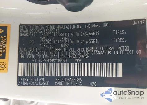 2017 Toyota Highlander Limited из США, поврежденный, VIN 5TDYZRFH3HS209459